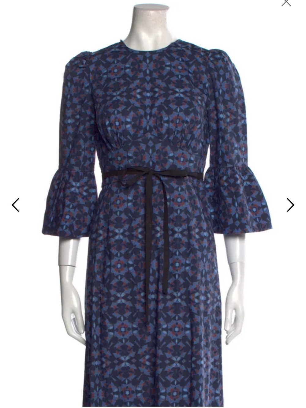Cefinn Navy Blue Geometric Midi Dress with Bell Sleeves and Waist Tie